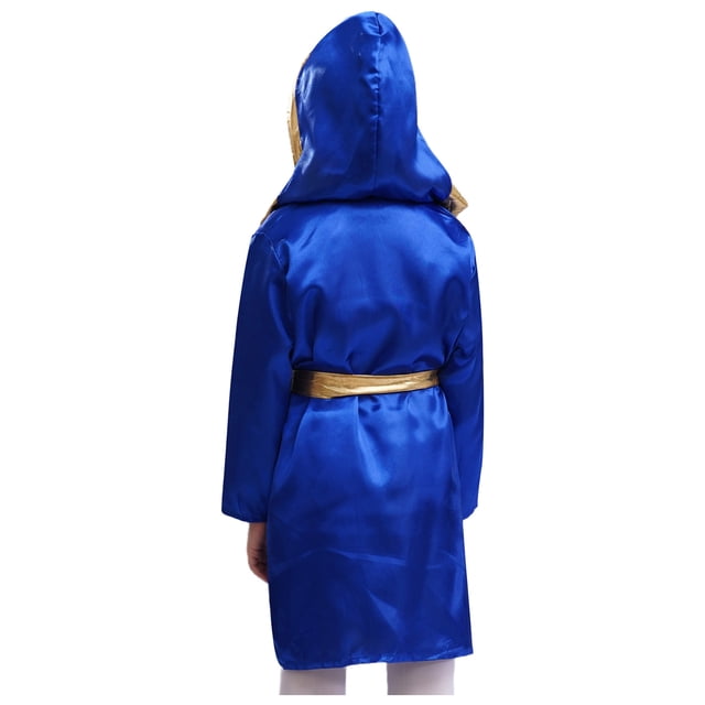 Kids 3Pcs Boxing Kickboxing Outfits Boys Boxer Training Uniform Hooded Robe with Sports Vest Shorts Set Blue 16
