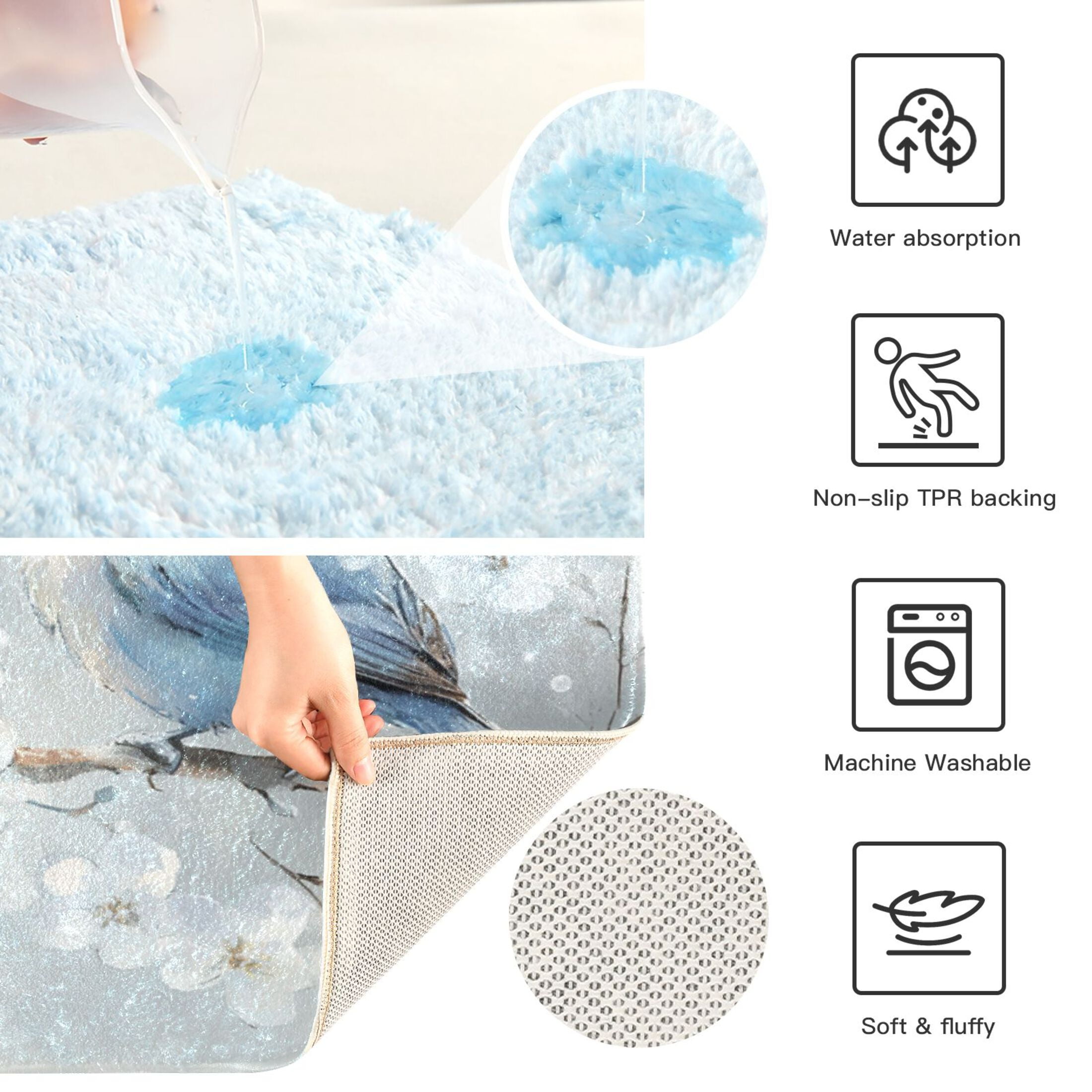 2 Piece Soft Bathroom Rug Set Cute Blue Birds Bath Mat and U-Shaped Toilet Contour Rug (16"x24"+20"x24")
