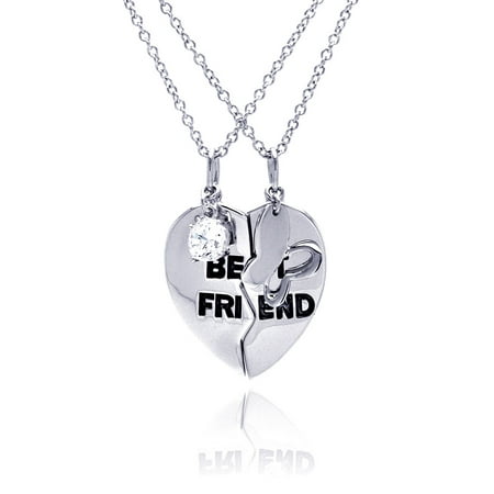 .925 Sterling Silver Rhodium Plated Clear Cubic Zirconia Best Friend Heart Pendant Necklace 18