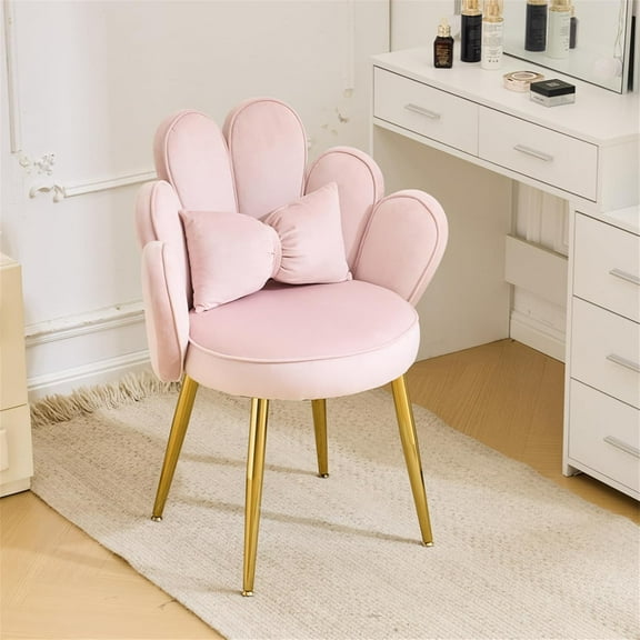 Petal Makeup Vanity Chair with Back,Flower Cute Girls Desk Chair Comfy No Wheels,Modern Dining Chair,Small Accent Chair with Adustable Gold Legs&Bow Pillow for Home Office,Bedroom,Velvet,Pink