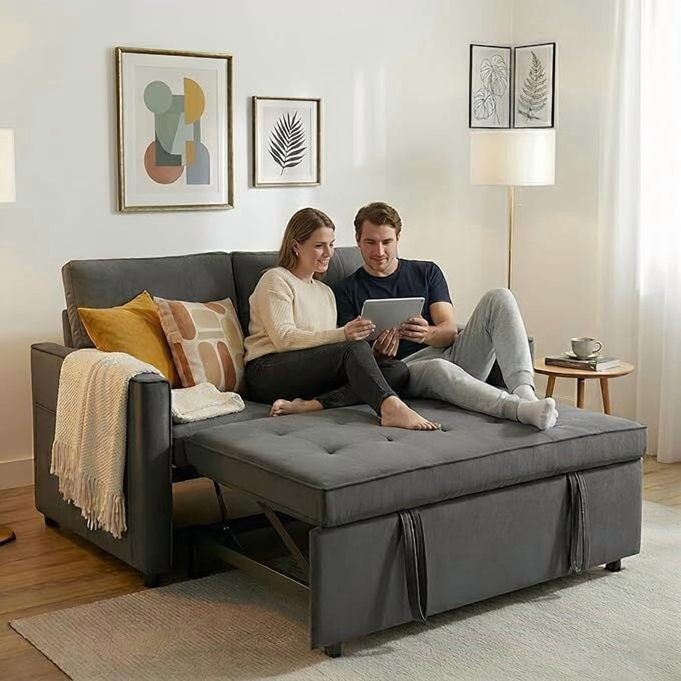 ShiKeyi 3 in 1 Convertible Sleeper Futon Sofa Bed, 55" Pull Out Sofa Bed with Storage Pocket/Side Pocket/2 Pillows for Living Room, Dark Gray