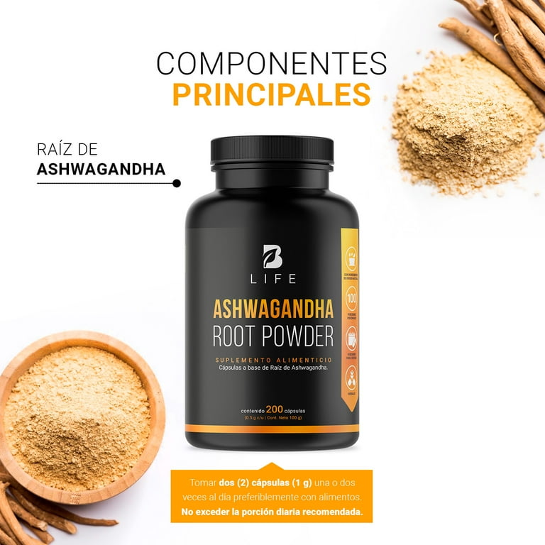 Ashwagandha Root Powder de 200 cápsulas. Ingredientes Naturales. B Life. BLIFE Cápsulas