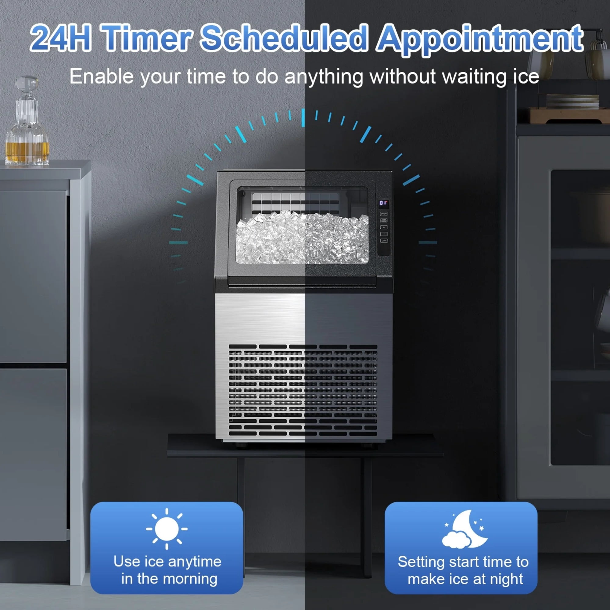 Auseo Commercial Ice Maker 80Lbs/24H,Freestanding/Built-in Ice Machine with 28 lb Storage Bin in Silver,Stainless Steel