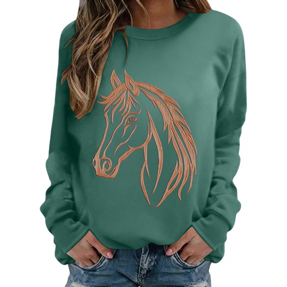 Long Sleeve Shirts for Women Hemlock Horse Print Sweatshirts for Women Riding Horse Lover Long Sleeve Crew Neck Pullover Tops Casual Loose Shirts Sweatshirt