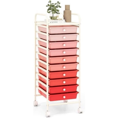 Storage Cart, Rolling Utility Cart with 10 Drawers, Portable Handles & Lockable Wheels, Mobile Paper Toys Storage Organizer Large Capacity for Home Office School Teacher (Gradient Pink)