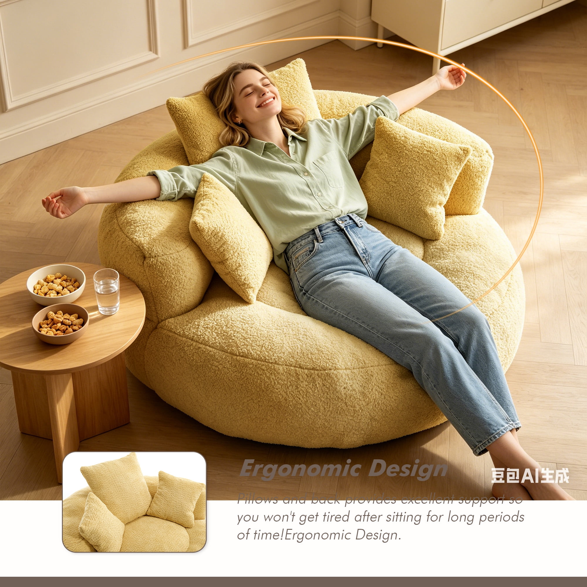 MOONMISS Oversized Bean Bag Chair, Chenille Lazy Bean Bag Sofa with Wrap-Around Backrest & Pillows for Living Room,Yellow