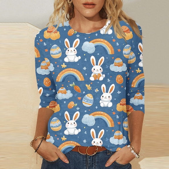 Pxxlle Cute Easter Tshirts for Women Funny Bunny Eggs Graphic Tees Plus Size 3/4 Sleeve Round Neck Holiday Shirts Easter Day Party Tops L