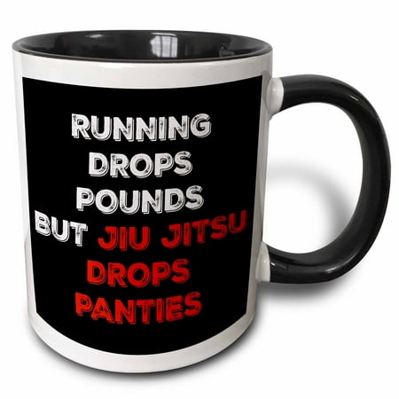 3dRose Running drops pounds but jiu jitsu drops panties, red and white letter - Two Tone Black Mug,