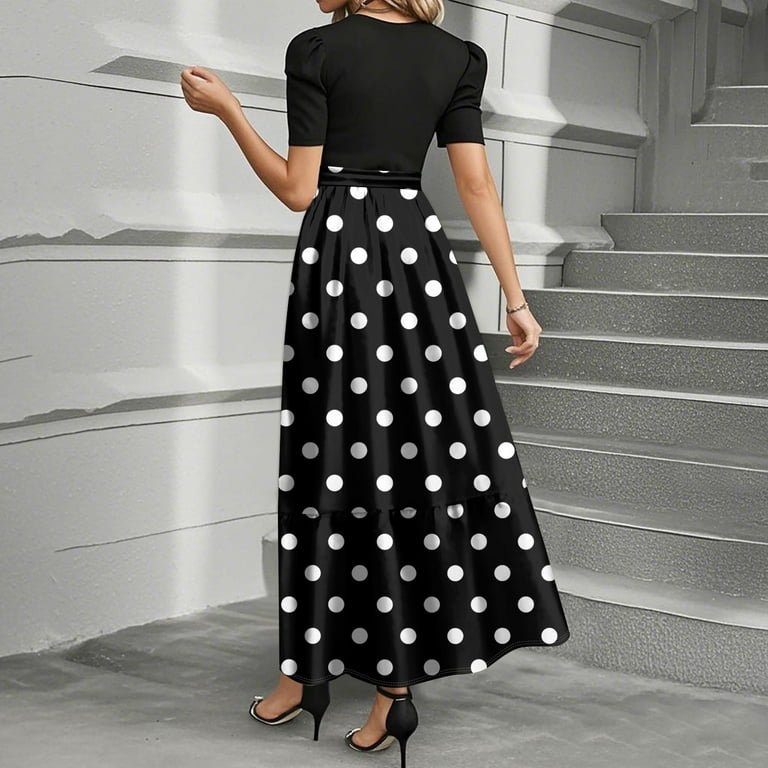 TQWQT Modest Dresses for Women Casual Flowy Short Sleeve Teacher Dress Maxi  Dresses Polka Dot Print Empire Waist T-Shirt Dress Wedding Guest Modest  Clothing Black XL - Walmart.com
