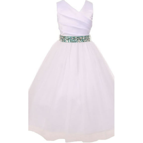 Elegant V Neck Rhinestone Belt Little Girl Flower Girls Dresses White Jade 2