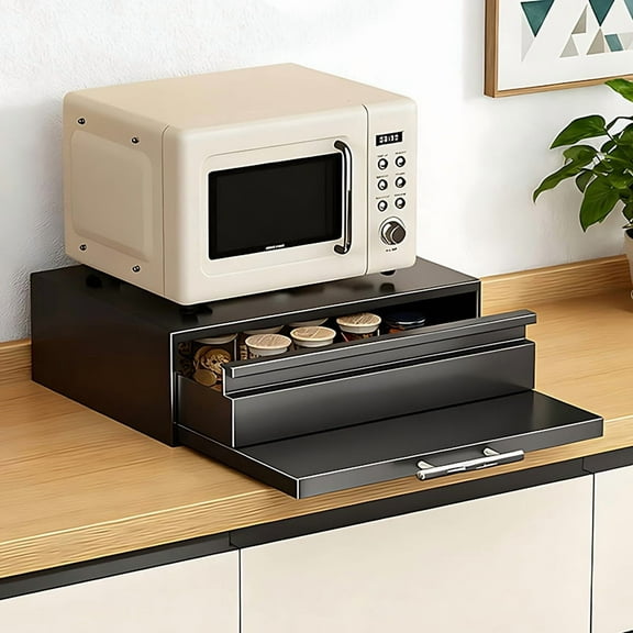 Durable Carbon Steel Kitchen Storage Rack Adjustable Height Anti-Slip Design - Drawer Style Space-Saving Countertop Organizer for Microwave Coffee Machine Oven Cookware Compact Layout
