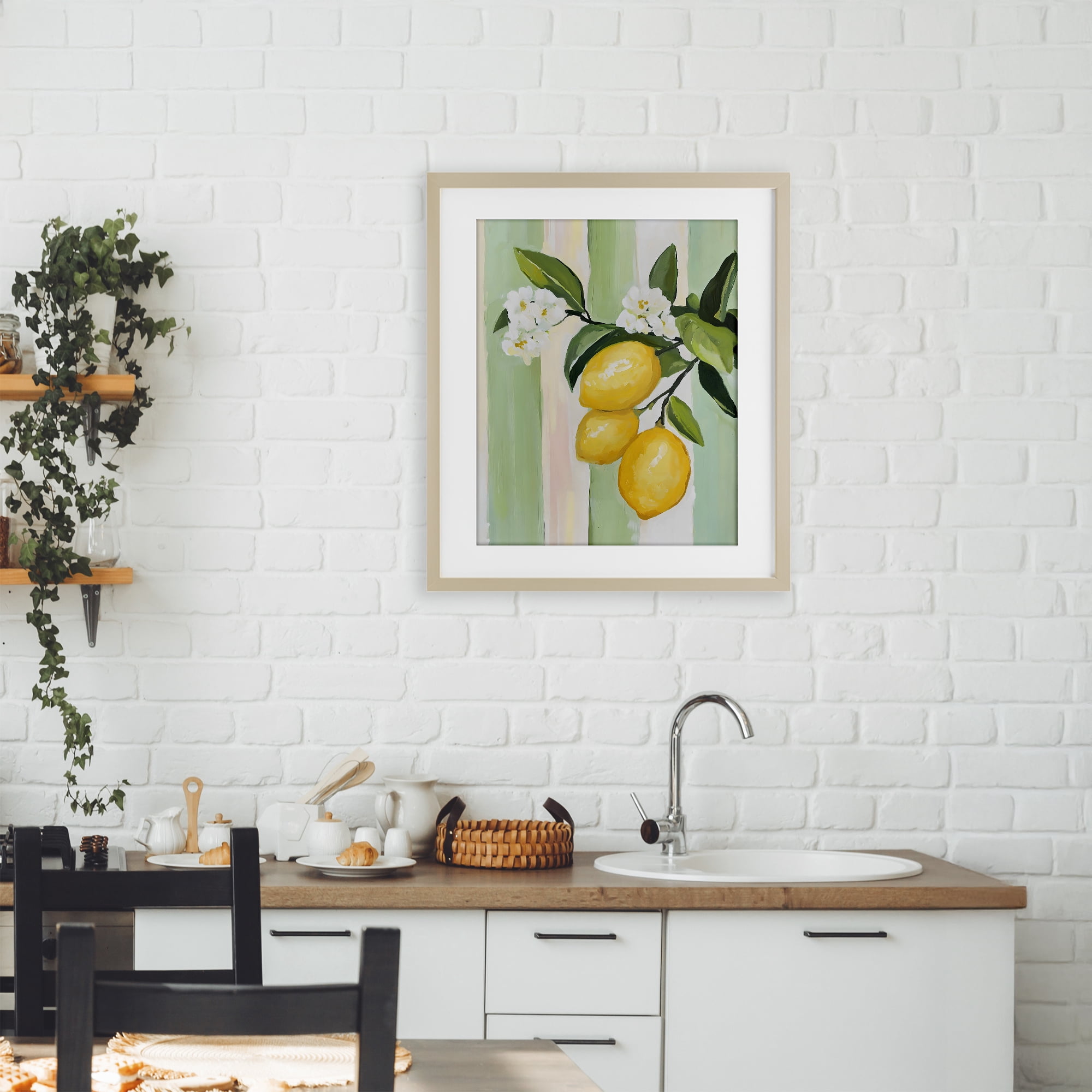 Stupell Industries Lemons & Flowers on Stripes Birch Framed Print Under Glass, design by The Prints Vibe