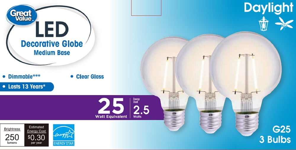 Great Value Led Deco G25 Light Bulb Eqv. 25W Daylight 3 Pack