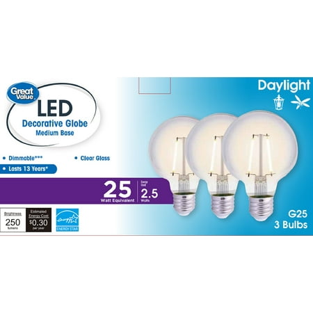 

Great Value LED Bulb 2.5-Watt (25W Equivalent) G25 Globe Shape E26 Base Daylight 3-Pack