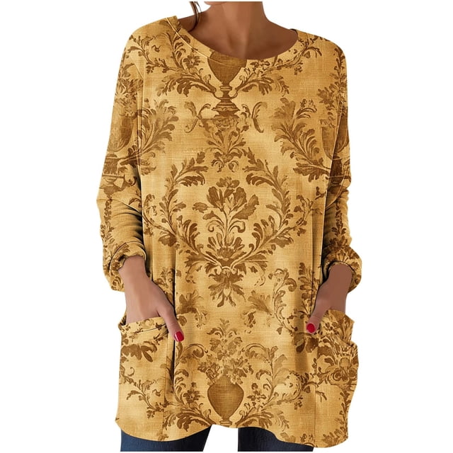 Craaazy Chemises Thermiques pour Femmes Col Rond Imprimés Rétro Manches Longues Vêtements Amples avec Poches Cadeaux