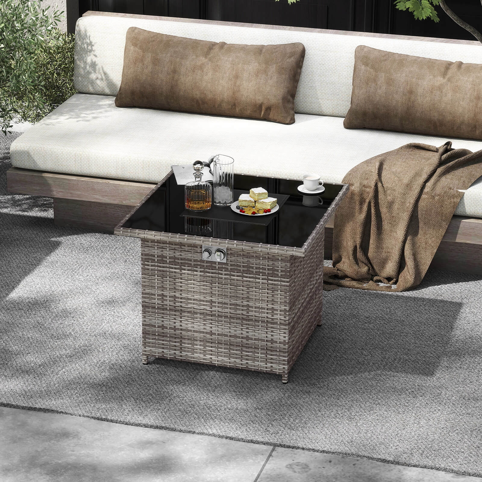 Costway 32.5" Propane Fire Pit Table Outdoor Wicker Gas Firepit with Stainless Steel Burner Gray