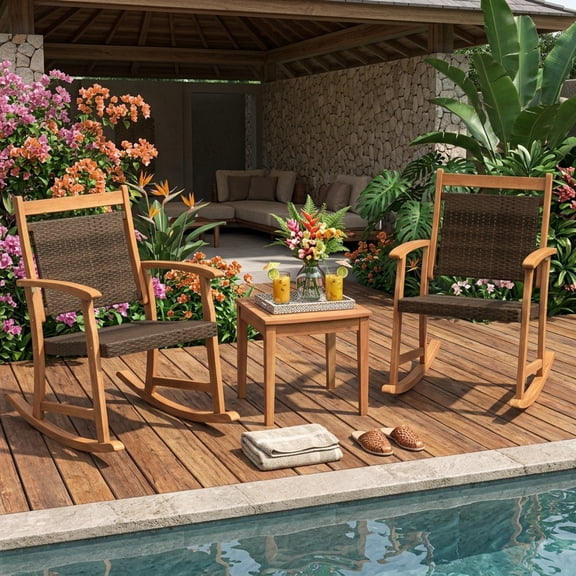 Furnibear 3 Pieces Patio Rocking Chair Set, Acacia Wood Outdoor Furniture with 2 Wicker Rocking Chairs and Side Table for Porch, Reddish Brown