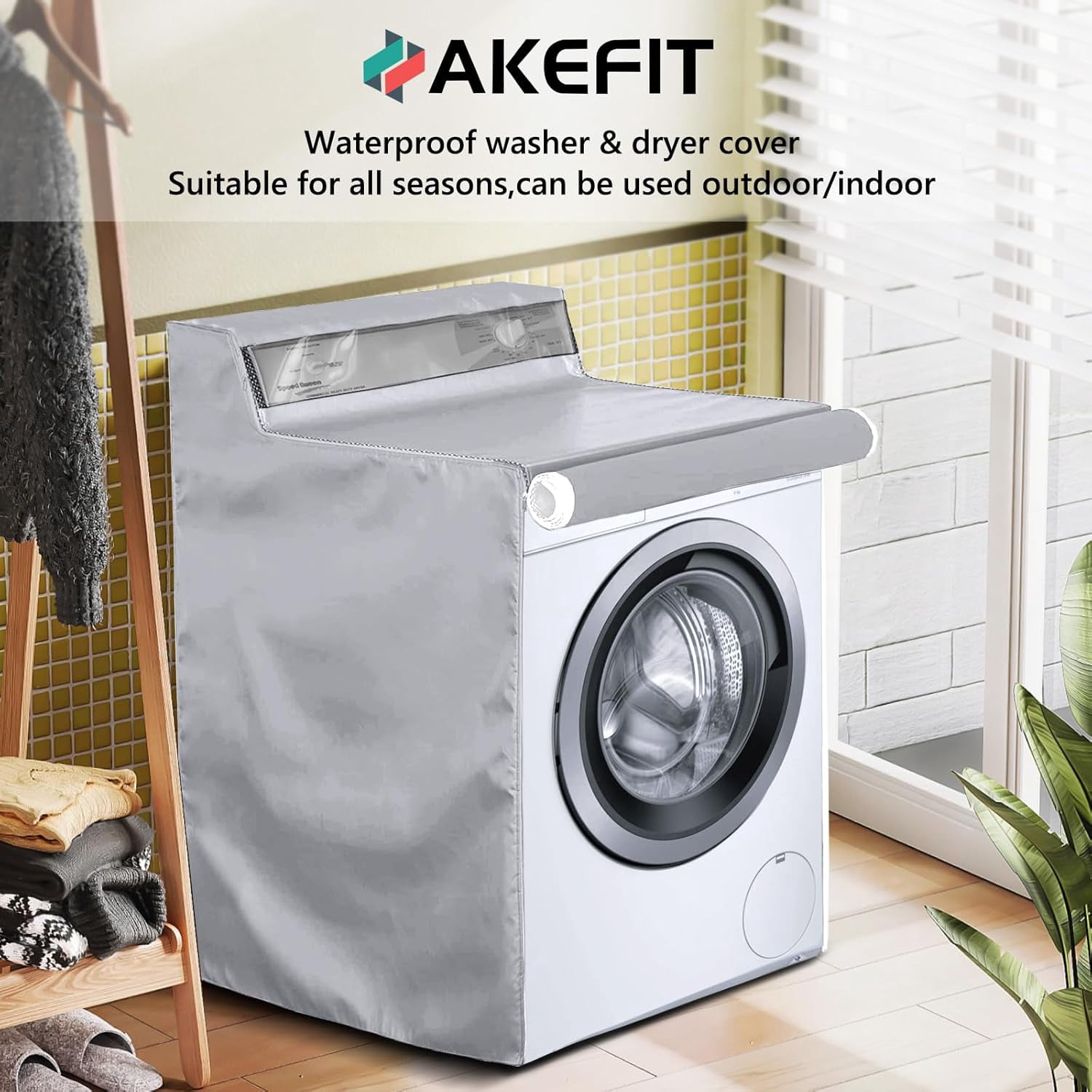 ABPETE 1 Pack Washing Machine Cover, Waterproof Dustproof Washer Dryer Cover with Zipper and Perspective Window ,Fit for Front Load or Top Washer and Dryer 27"Wx26"Dx43"H,Silver