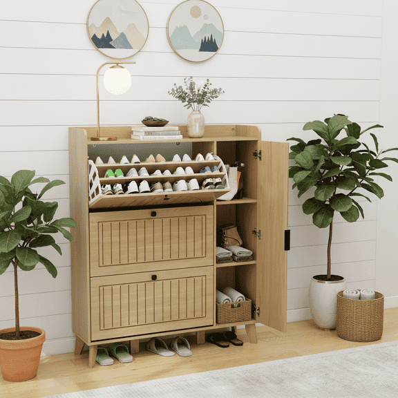Danpinera Home Mirrored Shoe Cabinet with 3 Flip Drawers, Entryway Shoe Storage Organizer, Light Wood