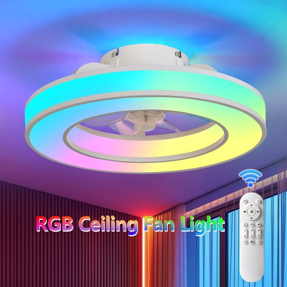 GCGAFUL RGB Ceiling Fan with Lights and Remote, White Low Profile Flush Mount Ceiling Fan, for Bedroom, Dining Room. 3000K/4500K/6000K