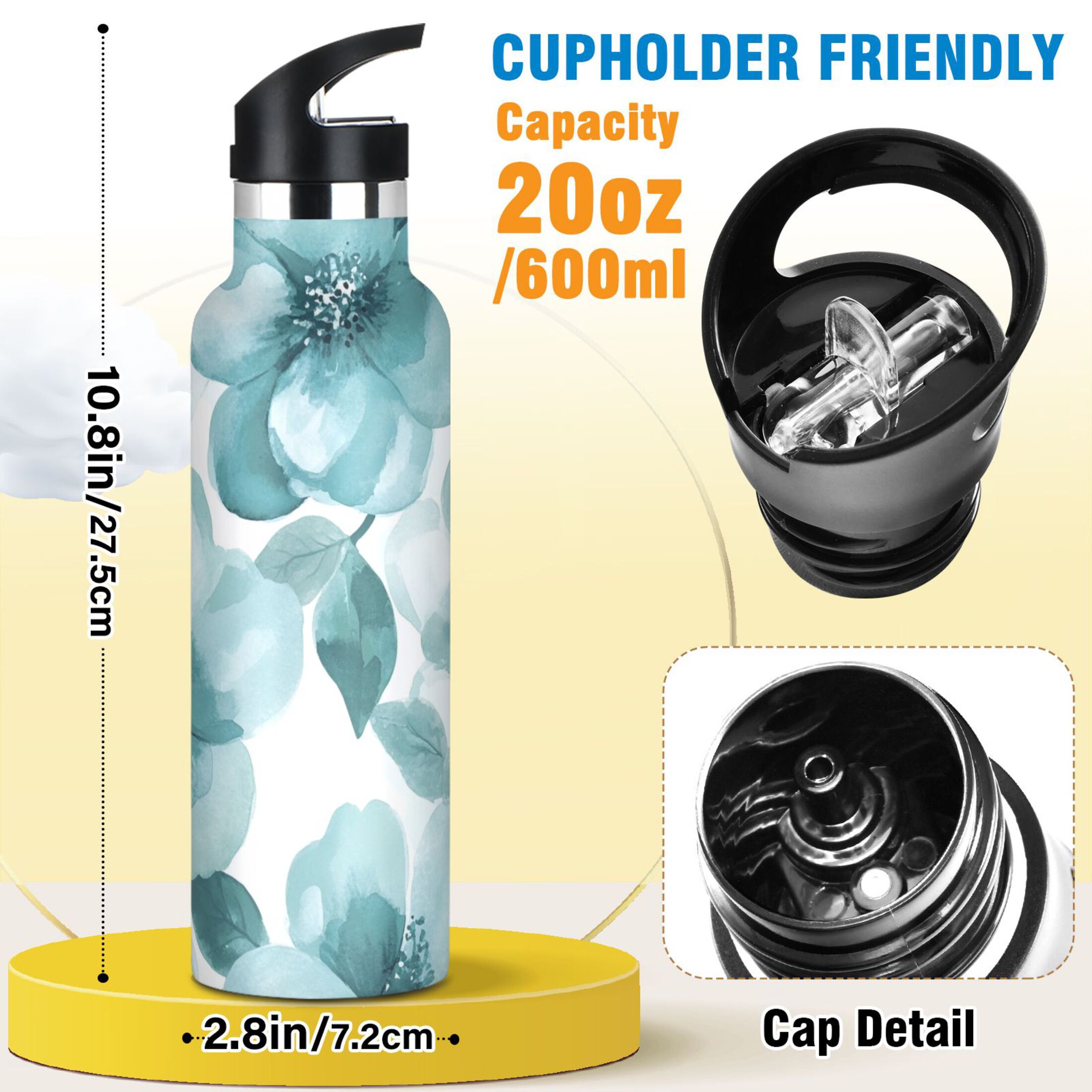 600ML Stainless Steel Insulated Cup Sports Water Bottle Portable Thermos Cup Water Glasses Insulated Tumblers Convenient and Durable Cartoon Turquoise Flowers Seamless
