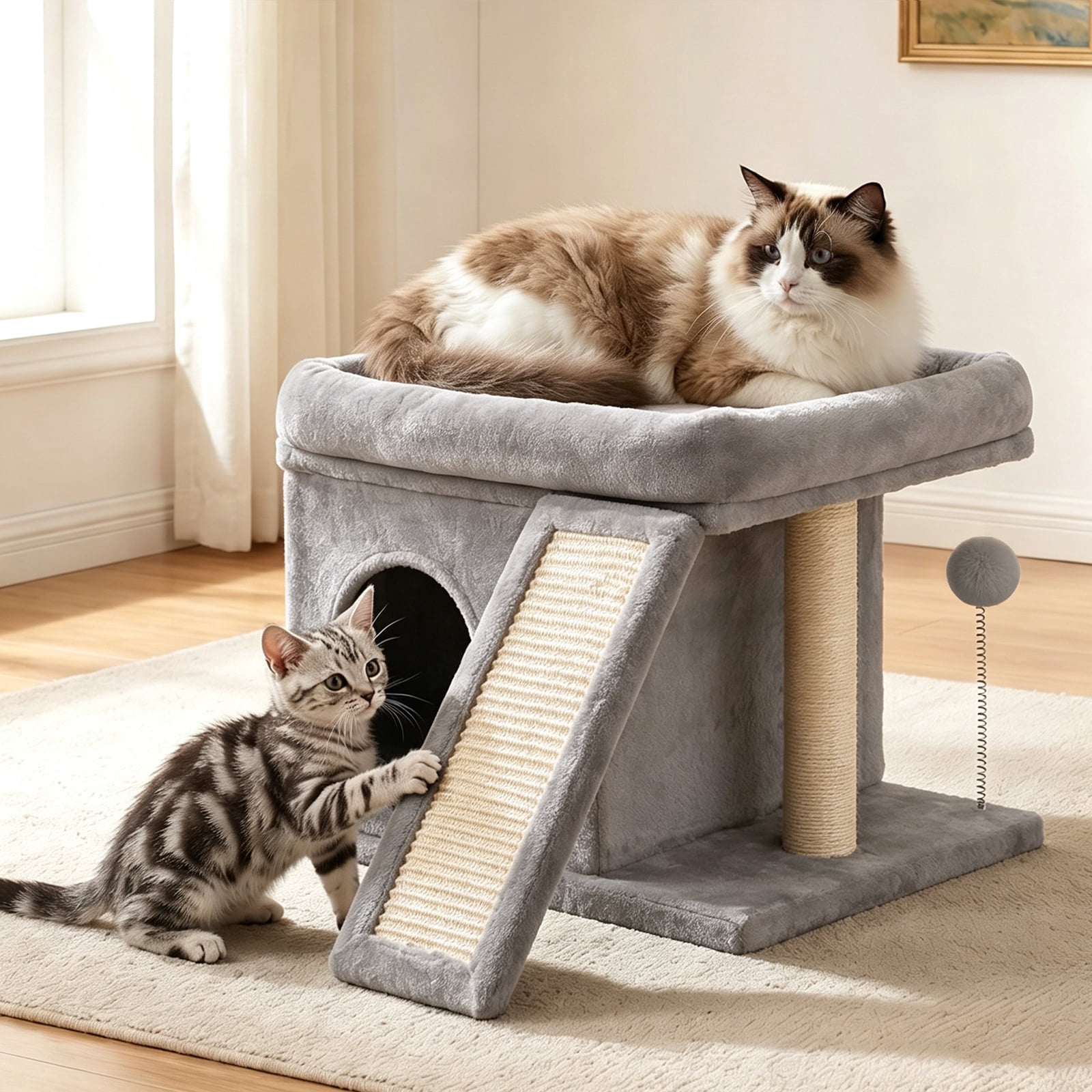 Cat Tree Tower with Perch Bed and Washable Top, Cat Tree with Sisal Scratching Posts, Condos, Plush Perches, Hanging Cat Toys, Extended Platform for Cats to Play and Sleep, Gray