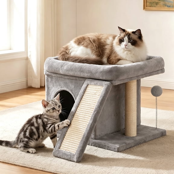 Cat Tree Tower with Perch Bed and Washable Top, Cat Tree with Sisal Scratching Posts, Condos, Plush Perches, Hanging Cat Toys, Extended Platform for Cats to Play and Sleep, Gray