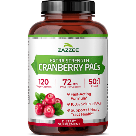 Zazzee Cranberry PACs – 72 mg PACs per Capsule – 2X Strength – 100% Soluble – 120 Vegan Capsules – 50:1 Extract – 18,200 mg Equivalent – Supports UTI Wellness – Made in USA