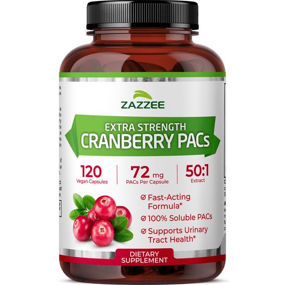 Zazzee Cranberry PACs – 72 mg PACs per Capsule – 2X Strength – 100% Soluble – 120 Vegan Capsules – 50:1 Extract – 18,200 mg Equivalent – Supports UTI Wellness – Made in USA