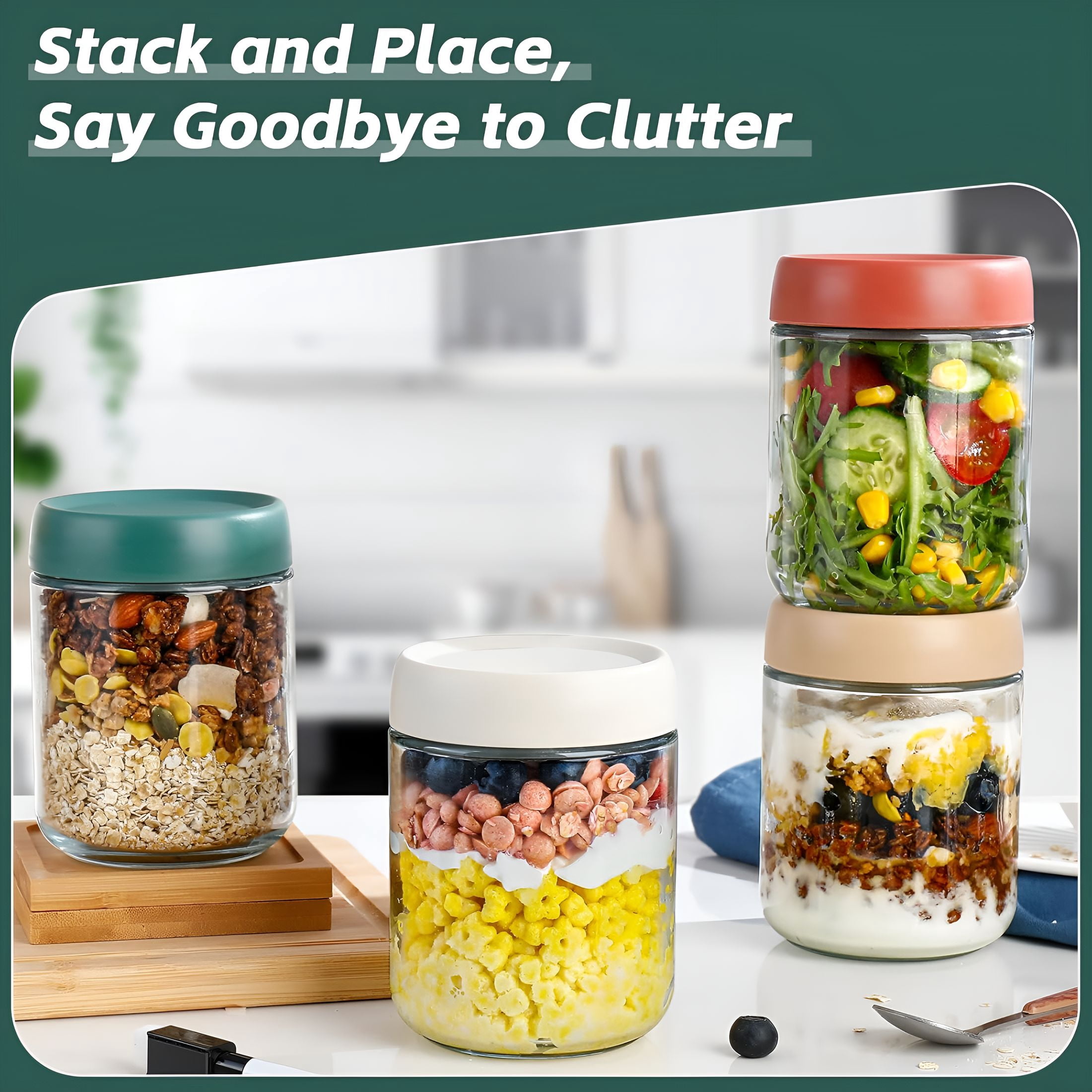 ACDANC Overnight Oats Containers with Lids,16Oz Glass Jars with Lids-Set of 4,Practical Oatmeal Container to Go,Chia Seed Pudding Jars,Baby Food Containers