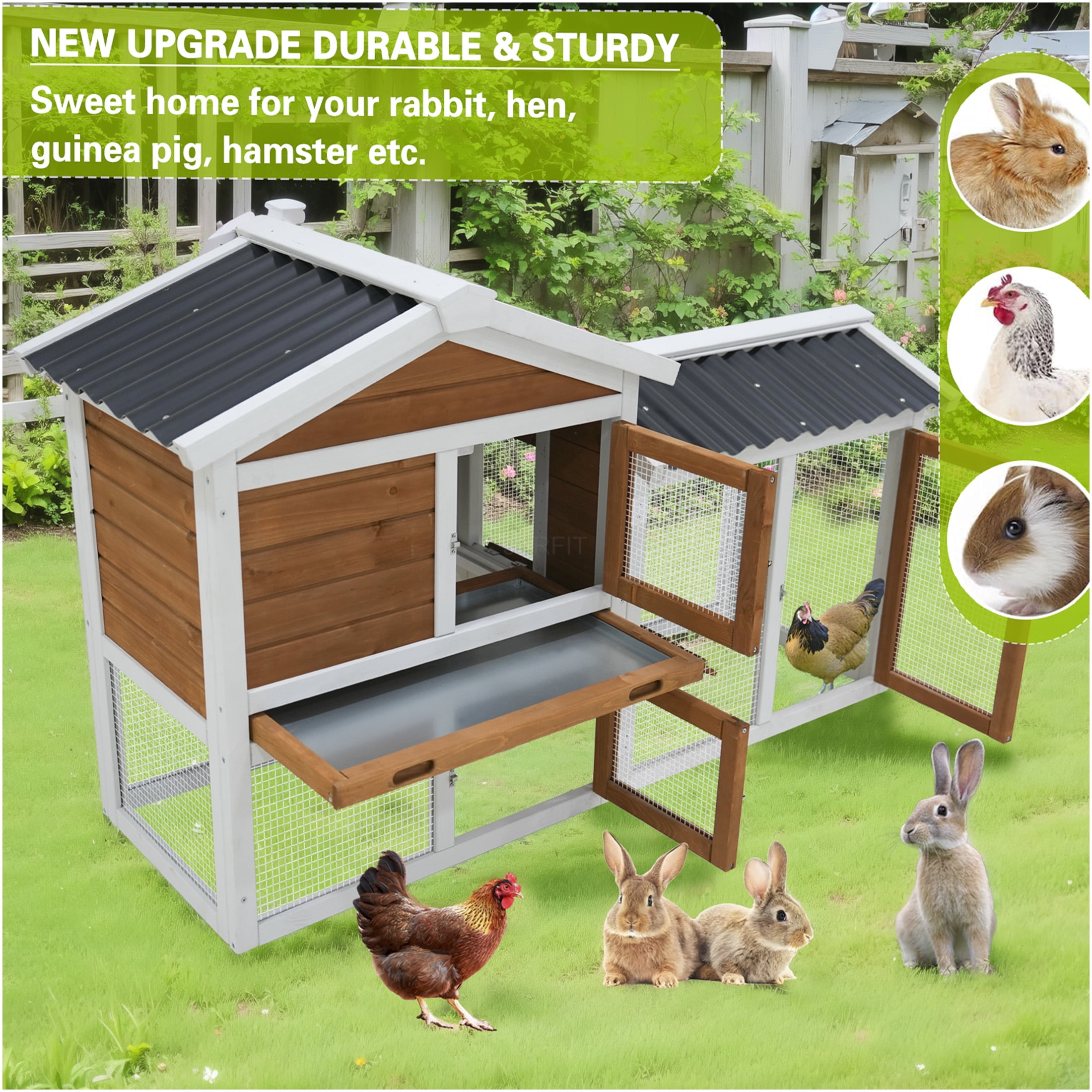 JERFIT 58 Inch Large Wooden Rabbit Hutch with Waterproof Roof, Outdoor Bunny Cage with Ramp & Pull-Out Tray for Rabbits, Guinea Pigs, Small Pets