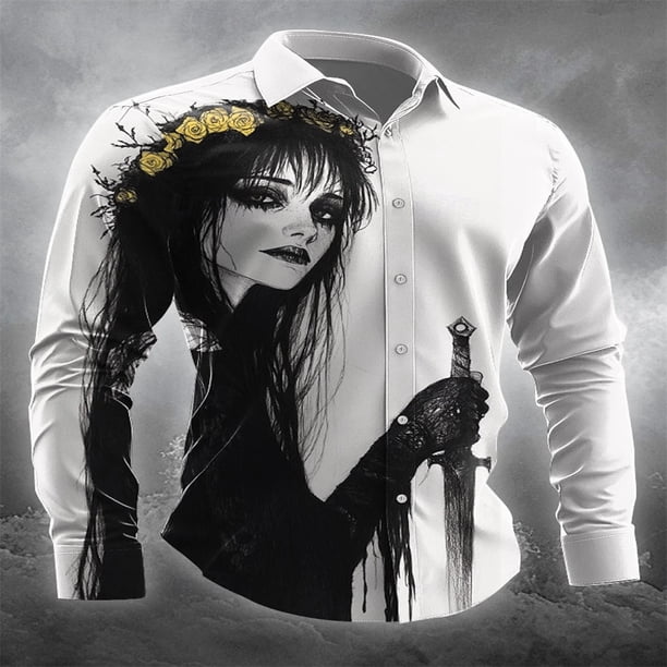 Camisa negra de manga larga para hombre para fiesta de finales de otoño, invierno, primavera y verano, cuello de camisa con estampado 3D de alta definición