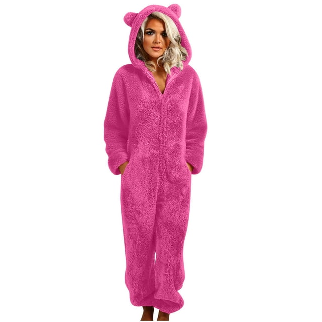 Gpaecead Combinaison Femme Pyjama Duveteux pour Femme à Manches Longues Grenouillère Adulte Pyjama Combinaisons d'Hiver Tenue de Nuit Rose Vif