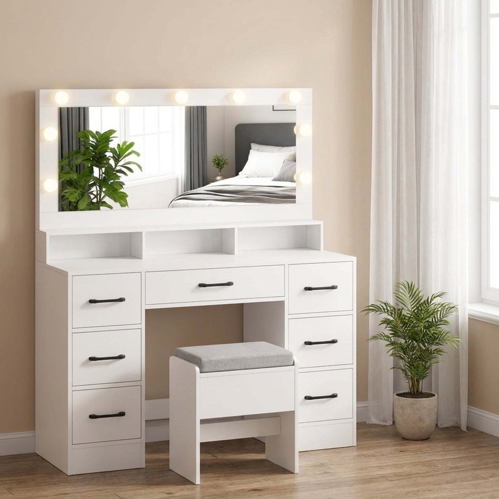 Furnibear Vanity Desk with Mirror and Lights and Cushioned Stool and Power Outlets USB Ports for Bedroom Makeup Room, White