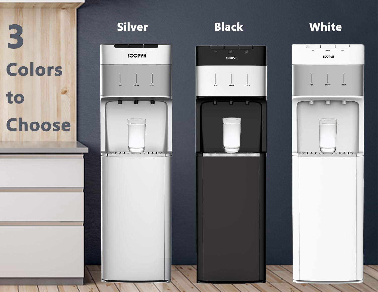 Self Cleaning Water Cooler Dispenser for 3-5 Gallon Bottles Bottom Load,Hot Cold and Room, Child Safety Lock, Empty Bottle Alert, White