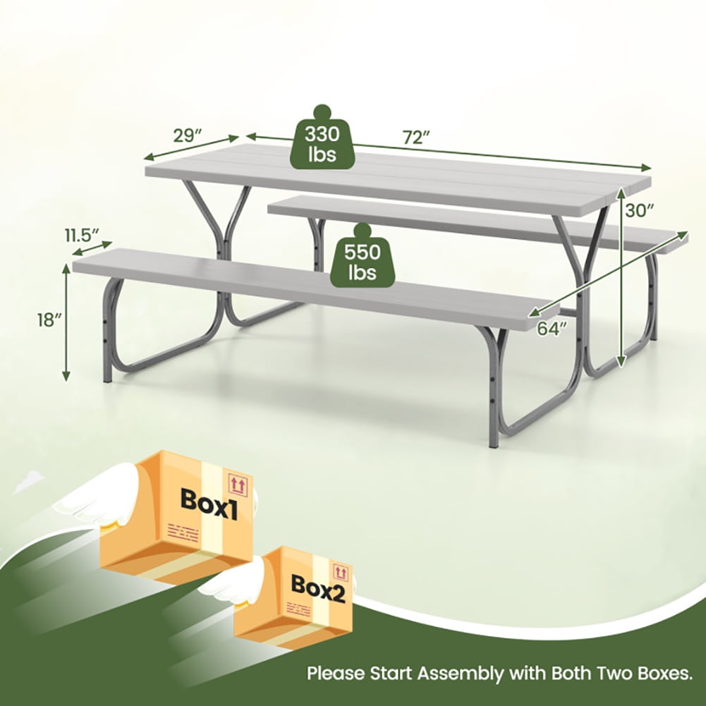 Aimee Lii 6 Feet Picnic Table Bench Set with HDPE Tabletop for 8 Person, Outdoor Patio Furniture, Gray