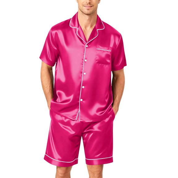 Resicozy Men Satin Silk Pajamas Sets Short Sleeve Sleepwear Button-Down PJs Sets Two-Pieces Loungewear with Pockets Hot Pink S