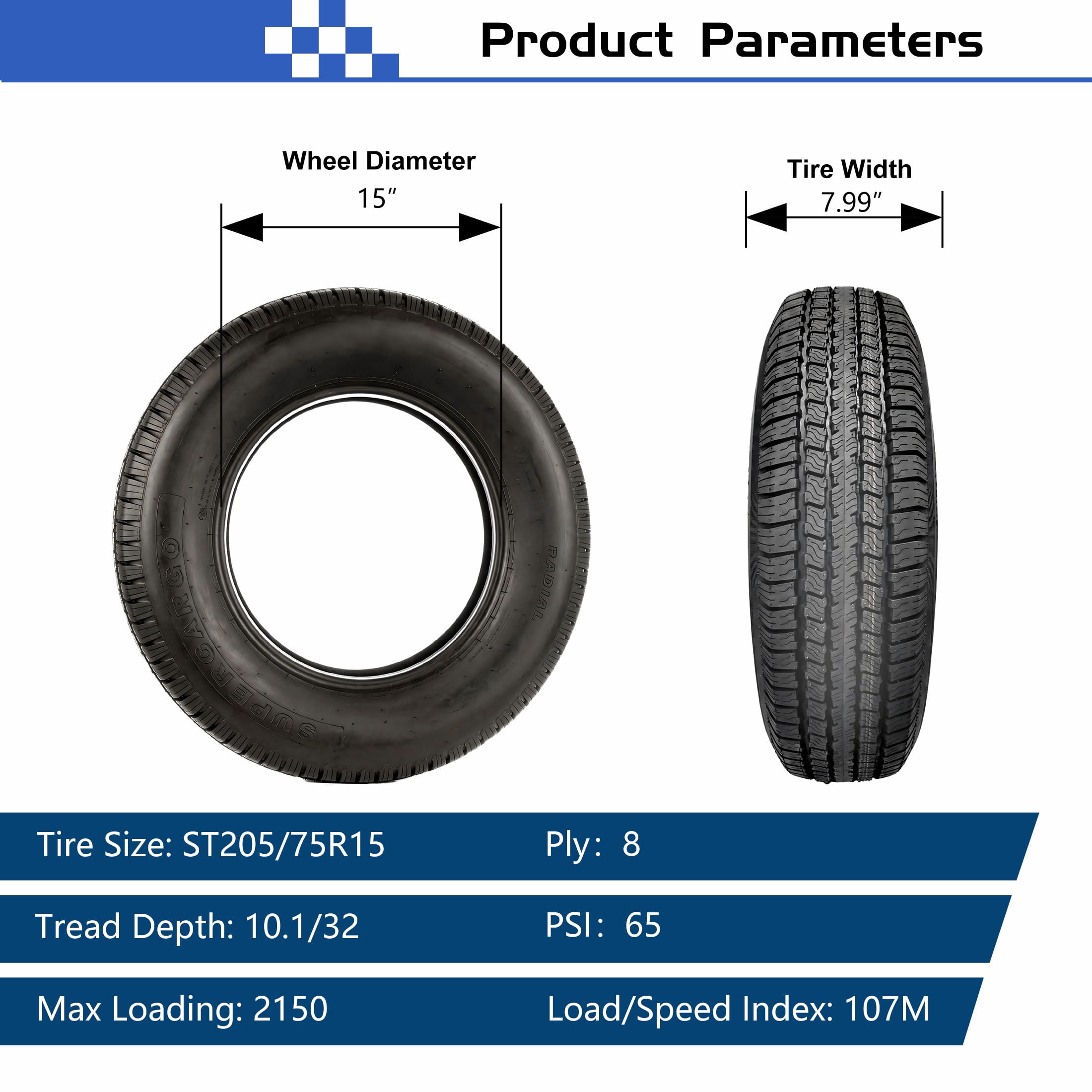 Super Cargo ST506 ST205/75R15 8PR 107M Trailer Tire Fits 205/75/15，205/75r15