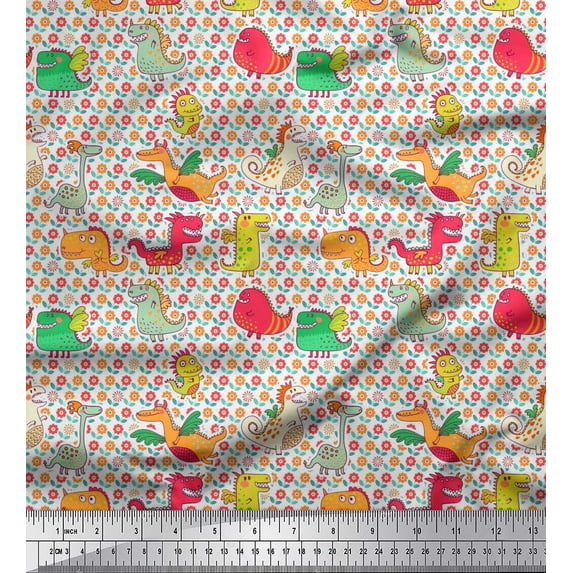 Soimoi Cotton Voile Fabric Floral & Dinosaur Cartoon Print Sewing Fabric Yard 42 Inch Wide