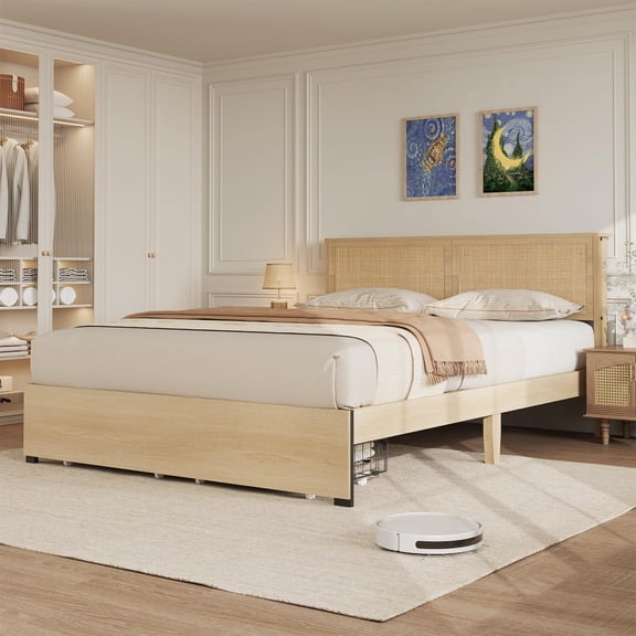 ChaoLink Queen Bed Frame with Rattan Headboard, Platform Bed Frame, Mid Century Bed Frame with 2 Storage Drawers, Large Under-Bed Space, No Box Spring Needed, Easy Assembly