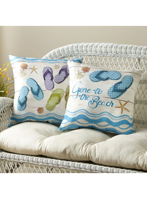 Flip Flop Accent Pillows with Beachy Print for Couches and Beds - Set of 2