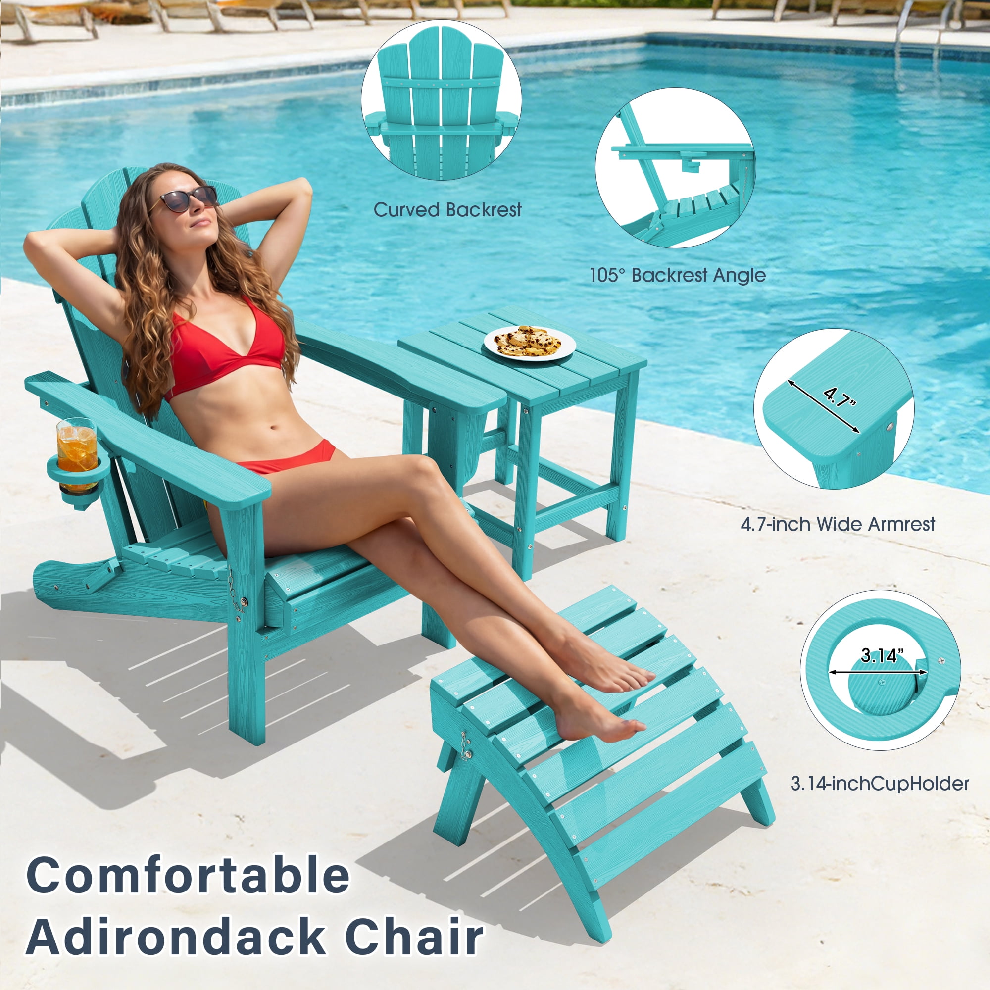 KINGYES Folding Adirondack Chair Set of 4 with Cup Holder, HDPE Outdoor Adirondack Fir Pit Chairs for Patio Garden Backyard Deck, Aruba Blue
