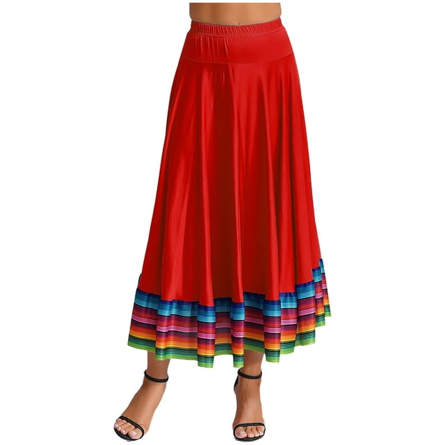 Sxiwei Jupe de Danse Flamenco à Rayures Colorées pour Femmes Tenue d'Entraînement de Salle de Bal pour Spectacle Rouge 87cm L