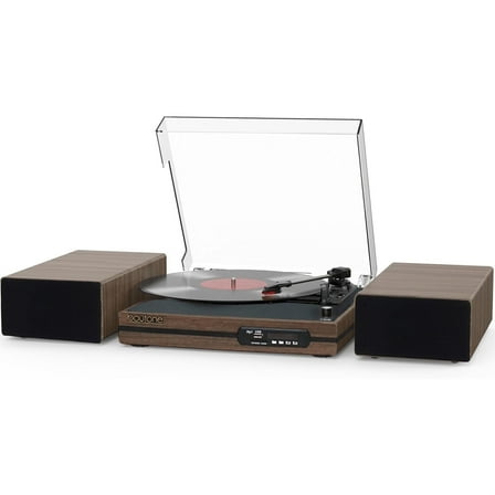 Boytone Vinyl Record Player with Dual Stereo Bookshelf Speakers Vintage Turntable with Bluetooth Wireless Playback Belt Drive 3-Speed Playback Record Player Support RCA Out Auto Stop USB SD, FM Radio