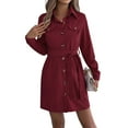 thumbnail image 2 of Women'S Collar V Neck Button Down Pleated Long Sleeve Mini Shirt Dress with Belt Wine Red XL, 2 of 9