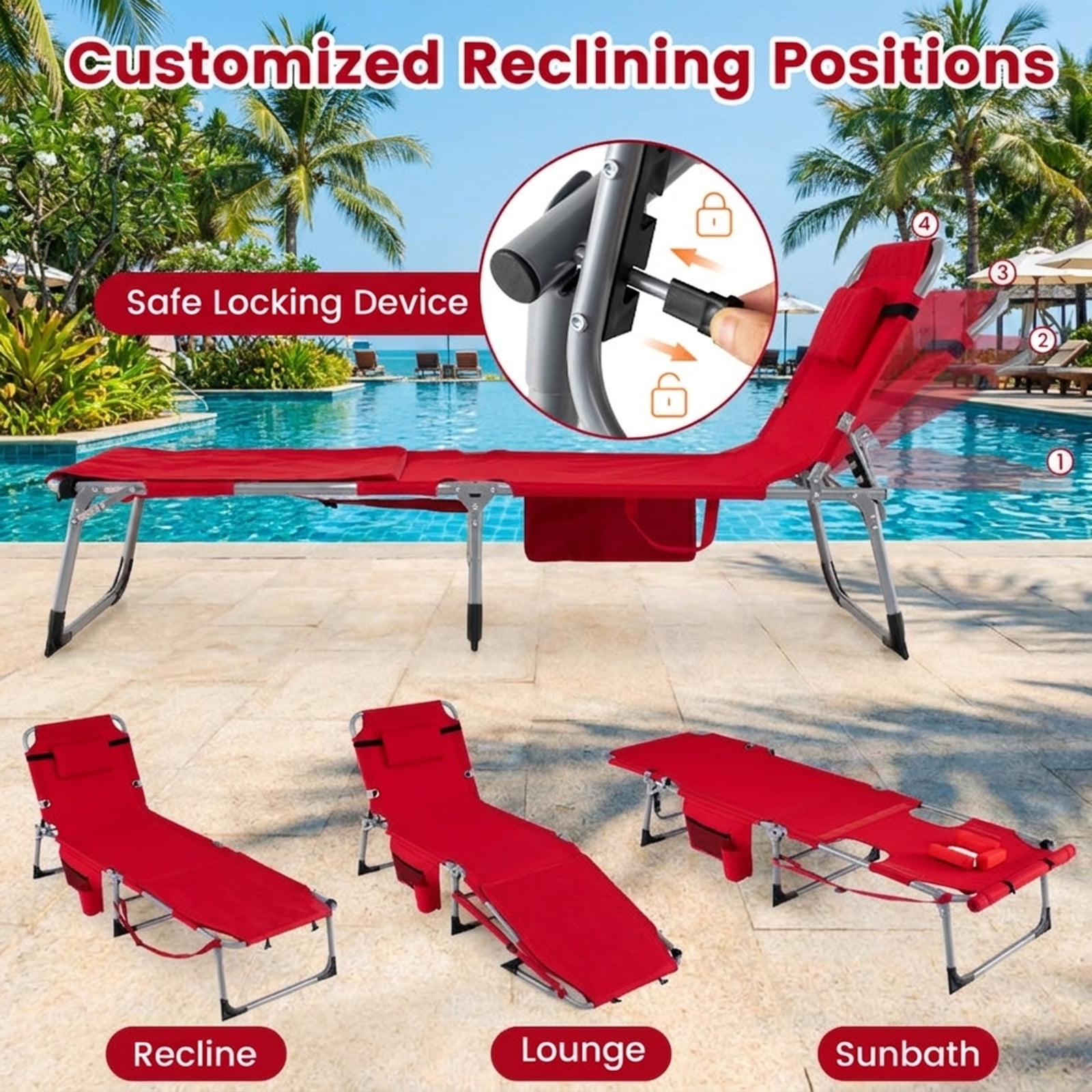 Furnibear Tanning Chair with Face Arm Holes Portable Sunbathing Chair with Adjust and Insert Backrest, 500D Oxford Fabric, Side Pocket and 330 lbs Capacity, Red
