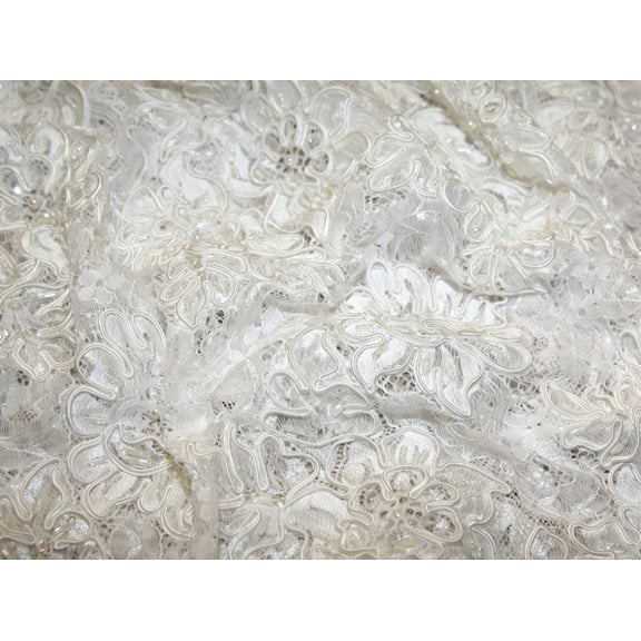 Corded & Beaded Chantilly Couture Bridal Lace Dress Fabric Ivory - per yard