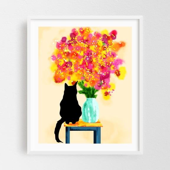 Cozy Corner Charm - India Illustration Cat Floral Modern Art Animal Flowers Whimsical White Framed Wall Art Print 11 x 14 inches