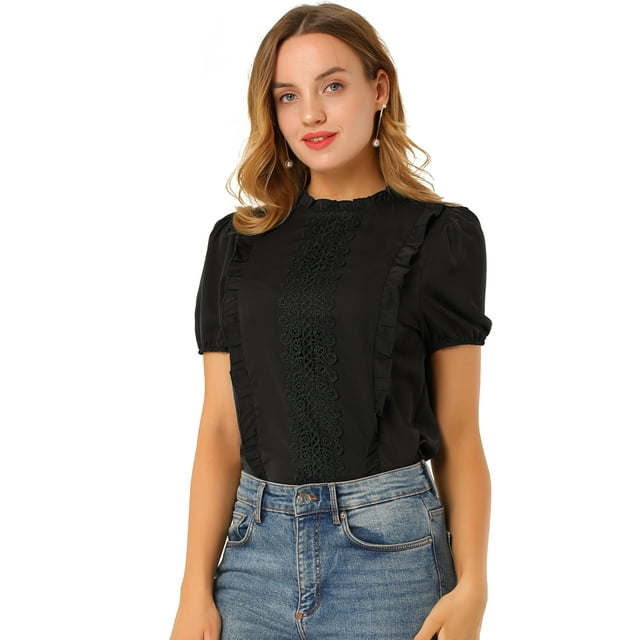 INSPIRE CHIC Women's Mock Neck Sleeveless Lace Work Office Button Down Shirt