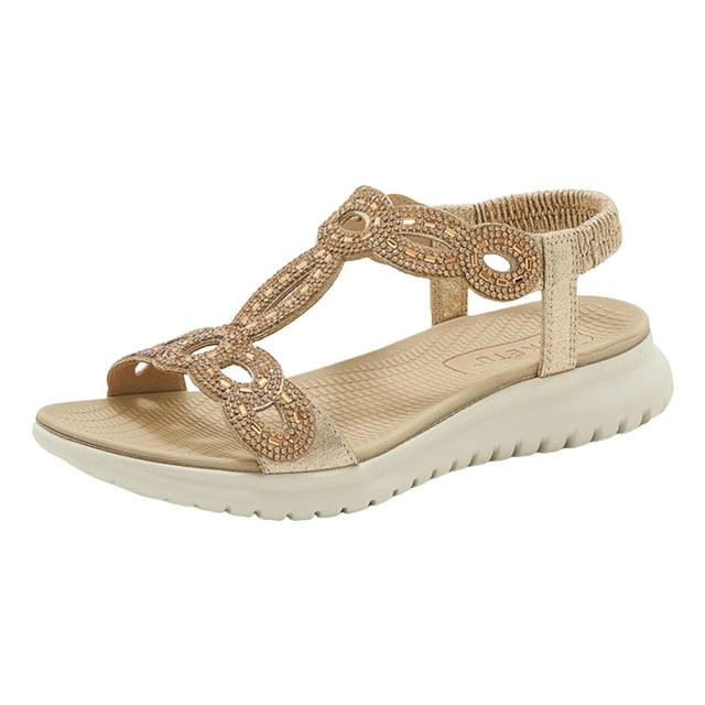Sandales Compensées Leozcaa pour Femmes, Habillées, Confortables, Talons Bas, Bride Élastique à la Cheville, Strass, Chaussures Décontractées